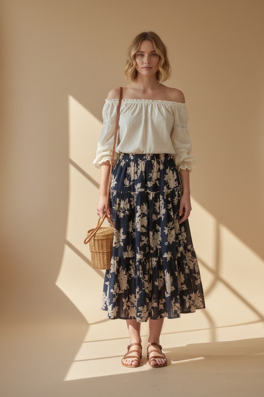 Sarah Arizona Petite Floral Tiered Ruffle Skirt Black beige Goth Boho Grunge L